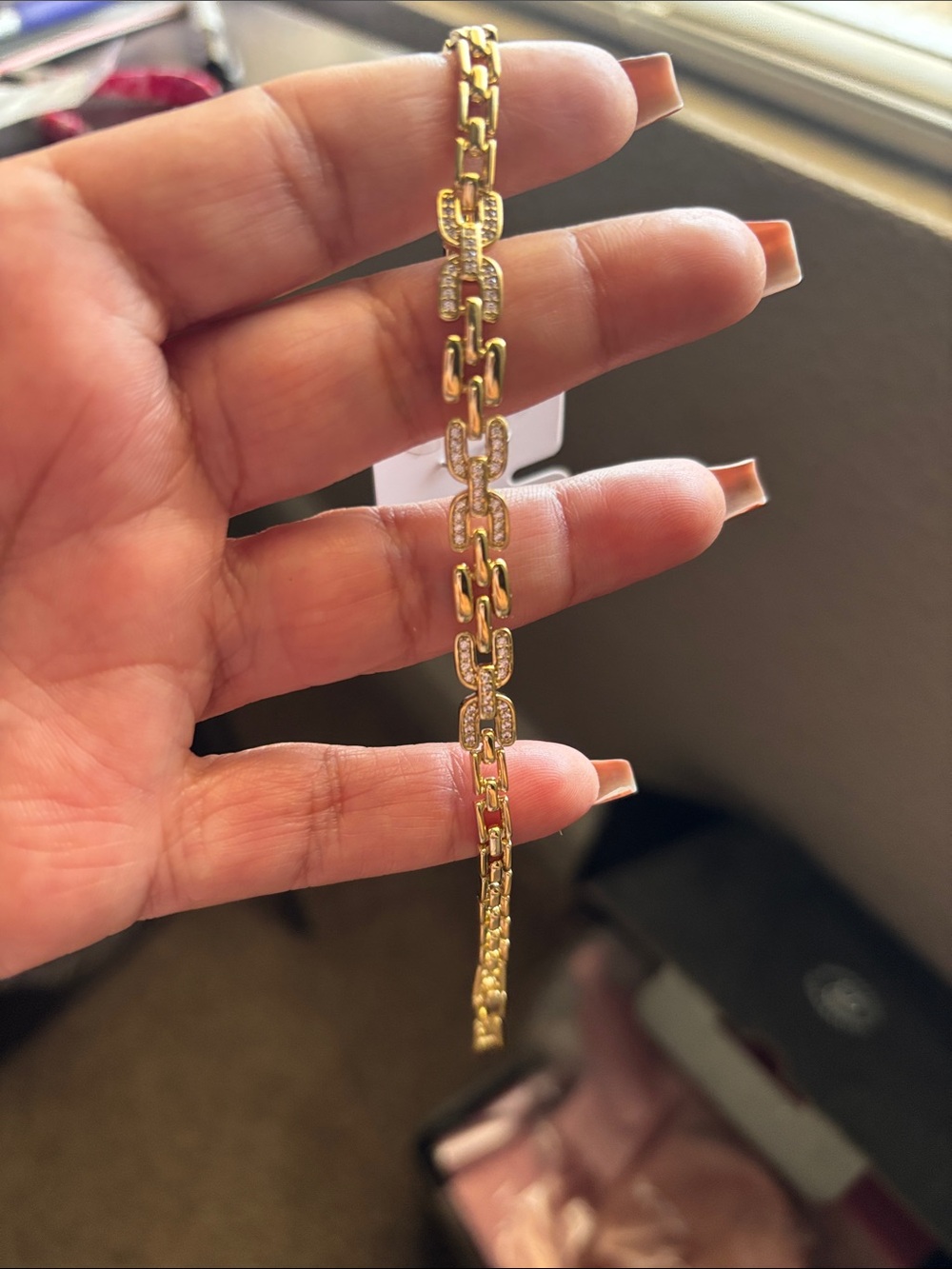 Gold Link Bracelet with Pavé Crystal Accents - Women's Jewelry double clasp